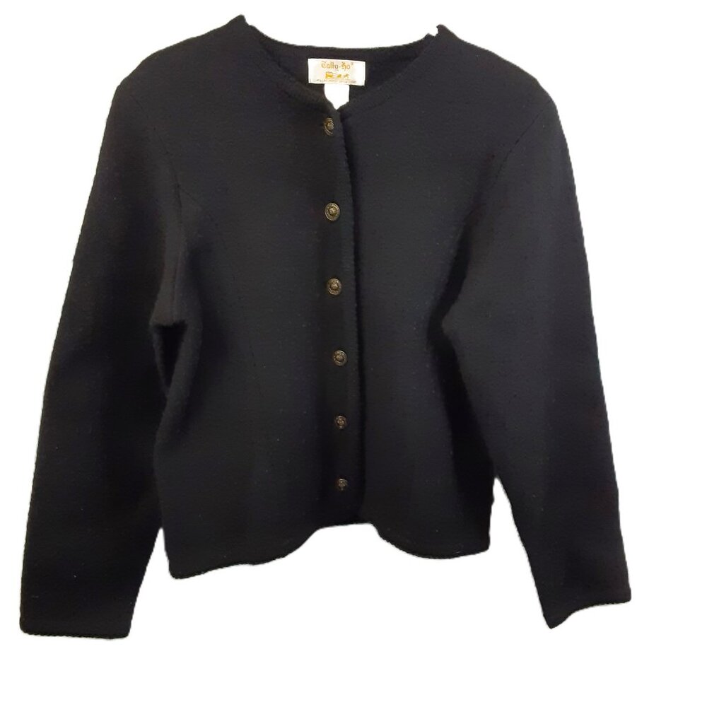 VTG 60's Tally-ho Womans 100% Wool Sweater Black Button Sz MED Beautiful S. Pads